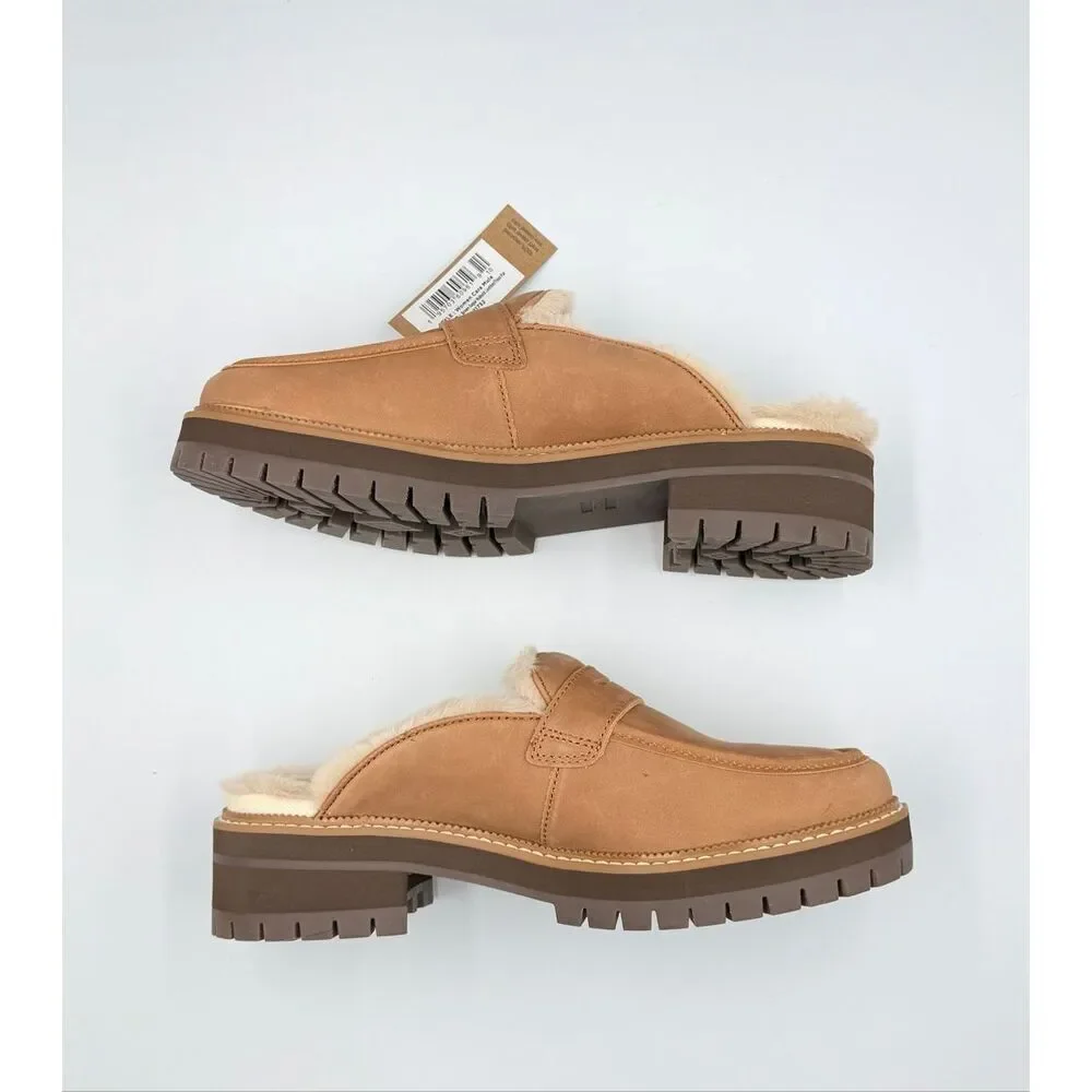 NIB TOMS Women's Cara Cozy Fur Lined Lug Sole Tan Suede Loafer Mule size 8.5